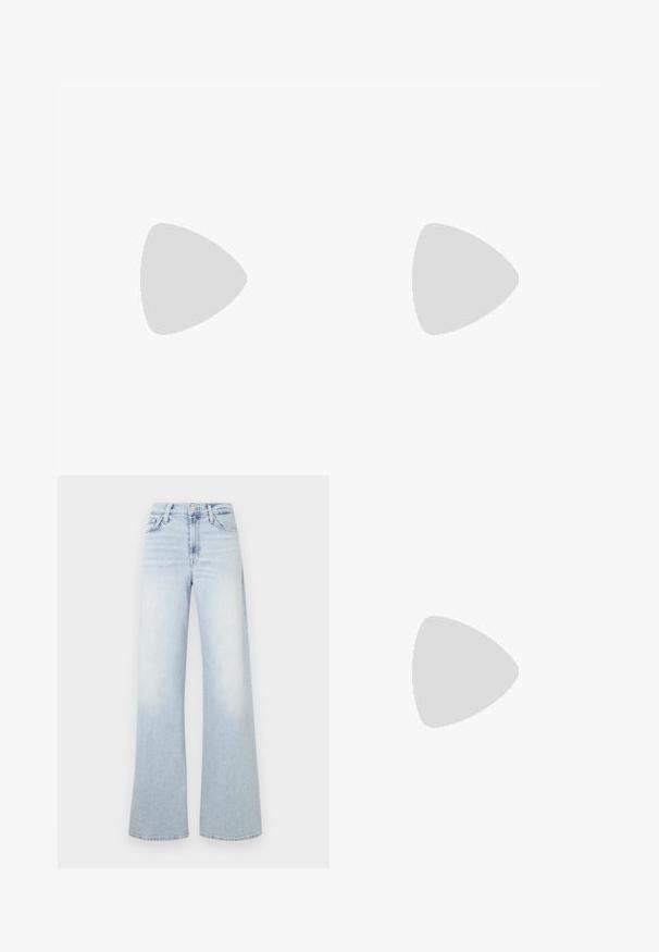 Asymmetrisk grøn tanktop i blødt, let stof med en enkelt skulderrem og en glat tekstur.; Lyseblå jeans med vide ben lavet af denim. Høj talje med knaplukning og fem lommer. Vasket ud med en glat tekstur.; Beige flad thongsandal med polstret fodseng og sort sål, vist fra siden på hvid baggrund.; Beige håndtaske i halvmåneform med dobbelt lynlåslukning og kort håndtag, udstyret med sølvfarvede hardware-detaljer på siderne.