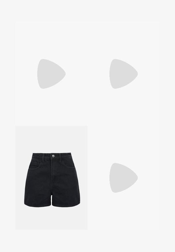Zwarte geribbelde off-the-shoulder top met korte mouwen, getailleerde vorm, gladde textuur en een schoon, eenvoudig ontwerp.; Zwarte denim shorts met hoge taille, voorste knoopsluiting, riemlussen en twee voorzakken tegen een effen witte achtergrond.; Grijze Nike Air Force 1 sneaker met geperforeerde neus, glad leren bovenwerk, dikke zool en verhoogde 'AIR' details op de hiel.; Bruine schildpad zonnebril met een vintage cat-eye vorm en bruine lenzen. Heeft gebogen armen met rode accenten.