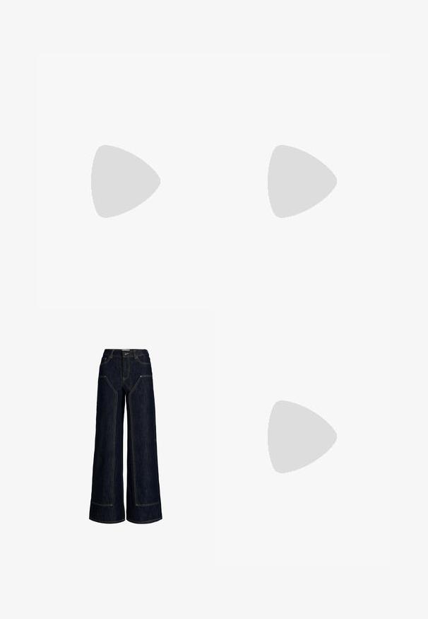 Top negro de manga larga hecho de encaje transparente con un patrón de zigzag texturizado, que presenta un escote cuadrado y una silueta ajustada.; Vaqueros de mezclilla de pierna ancha en azul oscuro con cintura alta, costuras a contraste visibles, botón delantero y bolsillos en la parte delantera y trasera.; Zapato plano de cuero marrón oscuro con una gran hebilla plateada en la correa y detalles elásticos recogidos, mostrado de lado sobre un fondo neutro.; Bolso tote de piel burdeos con parte superior curvada, correa gris y sutilezas en las costuras. La textura suave y la forma relajada realzan su diseño.