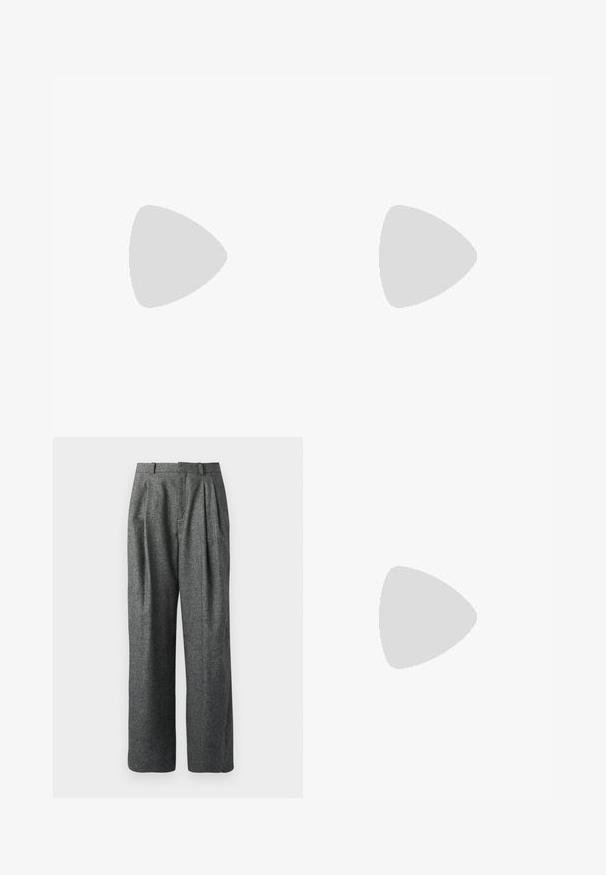Camiseta de algodón blanca con un patrón perforado de formas curvas, manga corta y cuello redondo. Textura suave y corte holgado.; DRYKORN INK - Pantalones - grey; Zapato de mujer slingback de piel negra con puntera puntiaguda y tacón alto grueso de bloque sobre fondo blanco.; Bolso de hombro de cuero negro con una solapa curva asegurada por un broche metálico redondo y una correa delgada y ajustable.
