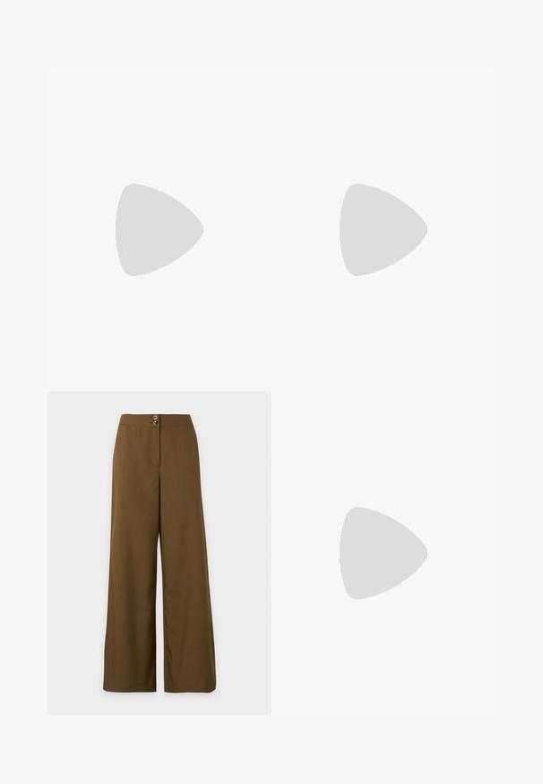 Haut ajusté à manches courtes, marron clair, avec un large décolleté épaules dénudées, présenté sur un fond uni.; Pantalon marron taille haute à jambes larges avec deux boutons supérieurs et une fermeture éclair frontale dissimulée.; Talons slingback en cuir verni brun avec un bout pointu, un talon fin, et une sangle réglable avec une petite boucle.; Sac à main en cuir noir au design structuré, avec une poignée arrondie et une bandoulière amovible. Présente une texture lisse et un éclat subtil.