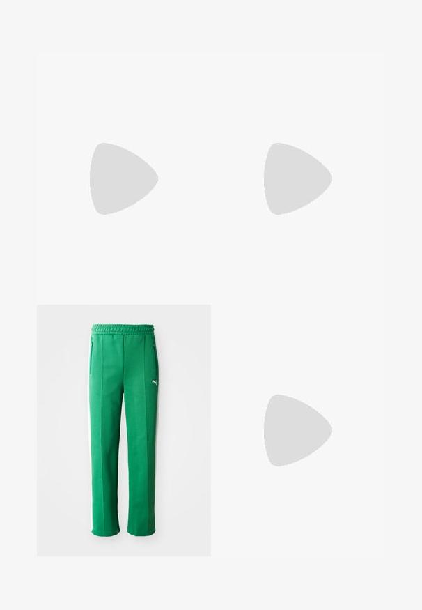 Teal lange mouwen crop top met zwarte zijpanelen. Heeft een wit logo op de borst en contrasterende stiksels. Gemaakt van rekbaar materiaal.; Groene sportbroek met een gestructureerde afwerking, elastische tailleband, zijzakken en witte zijstrepen. Merklogo zichtbaar aan de voorkant.; Lichtgrijze Puma suède platte schoen met wit logo, veters aan de voorkant, uitgesneden zijkanten en beige gestructureerde zool, gezien vanaf de buitenkant.; Een paar glanzende zilveren oorringen met dunne draadafsluitingen, getoond op een lichtgrijze achtergrond.