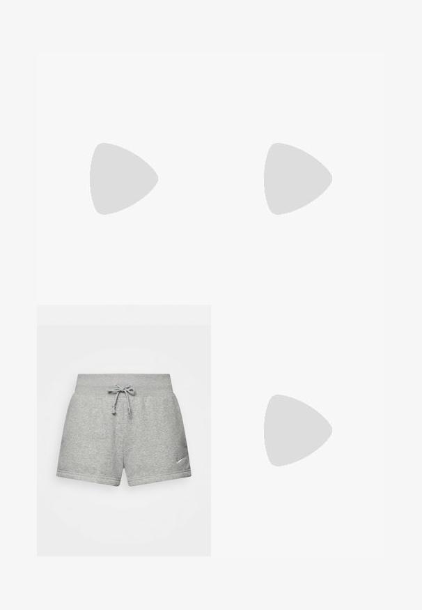 Urban Classics CROPPED - Top - steelgrey; Grå atletiske shorts lavet af blødt stof, med en elastisk talje med snor, og et lille Nike-logo på den nederste venstre side.; Grå Nike Air Force 1 sneakers med perforeret tå, glat læderoverdel, tyk sål og præget 'AIR' detalje på hælen.; Sorte katteøje solbriller med mørkegrå linser, slankt plastisk stel, spidse hjørner og lige stænger. Ingen synlig hardware eller dekorationer.