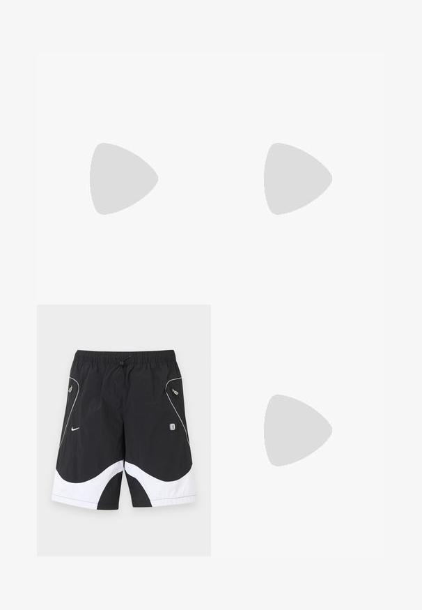 Langemmouwige groene sportshirt van textuurstof, met contrasterende bruine zijaccenten en witte stiksels langs de kraag en naden.; Zwart-witte Nike sportshorts met elastische tailleband, trekkoord, ritszakken aan de zijkant en reflecterende afwerking op de voorkanten.; Lichtgrijze hardloopschoen met zwarte accenten, oranje logo, bovenwerk van mesh, gevoerde kraag en rubberen zool met zichtbare schokabsorberende elementen.; Sportzonnebril met een zwart frame, grote grijze lenzen en een wraparound ontwerp. Beschikt over een opvallende neusbrug en textuur op de pootjes.