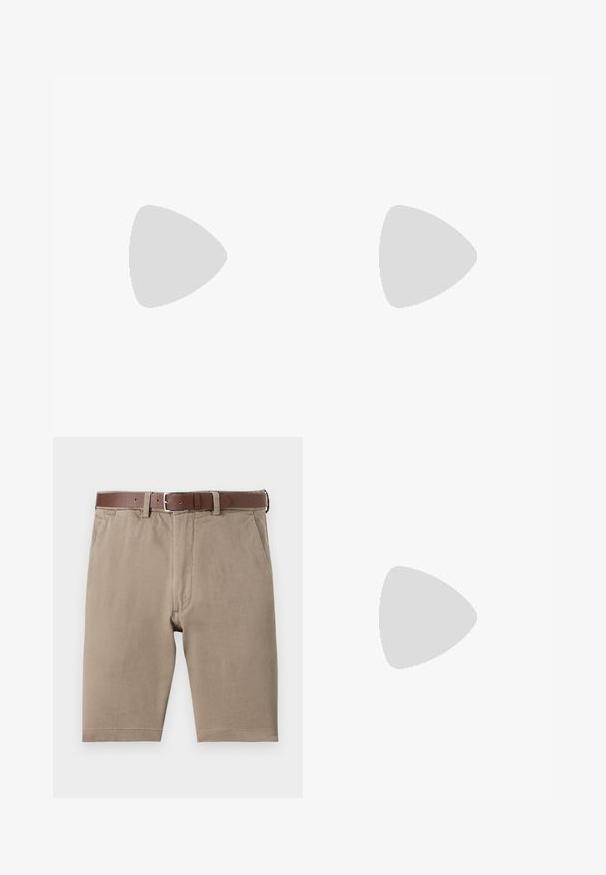 Polo vert olive à manches courtes avec col zippé, poignets côtelés et sans motifs ni logos visibles, présenté sur un fond uni.; Shorts en coton beige à coupe droite, dotés d'une ceinture en cuir marron et de poches latérales, avec une texture lisse et des ourlets soigneusement finis.; Baskets blanches avec des accents noirs et gris, présentant un embout texturé gris, une semelle en caoutchouc noir et des lacets plats blancs. Design épuré, style minimaliste.; Petit sac bandoulière beige avec poche avant zippée, logo métallique ALDO, sangle large ajustable et forme rectangulaire arrondie sur fond blanc.