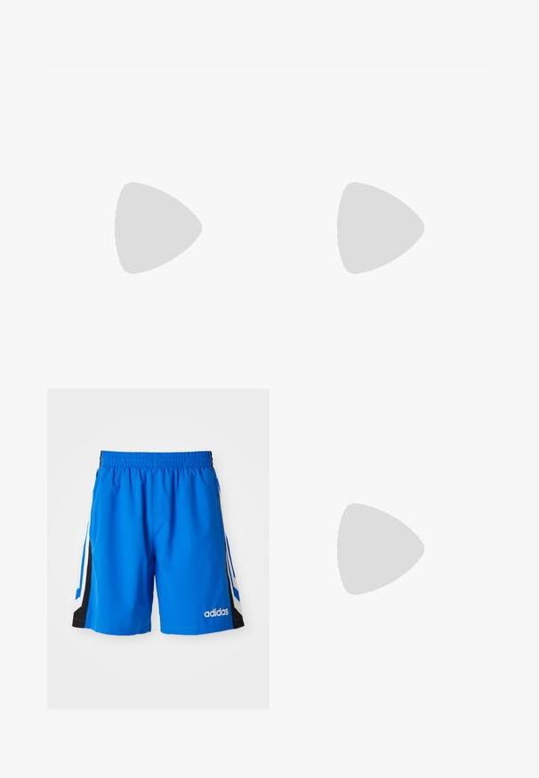 Schwarzes Baumwoll-T-Shirt mit kurzen Ärmeln, Rundhalsausschnitt und einem türkisfarbenen grafischen Logo auf der linken Brust. Glatte Textur, lässige Passform.; Blaue Sportshorts mit einem elastischen Bund, schwarzen Seitenpaneelen und weißen Streifen. Mit einem gestickten Logo auf der Vorderseite.; Schwarze Leder-Penny-Loafer mit strapazierfähiger Gummisohle und Mokassin-Stich, seitlich auf einem weißen Hintergrund dargestellt.; Goldfarbener Kettenarmreif mit ineinandergreifenden Gliedern, ausgestattet mit einem rechteckigen Verschluss, auf dem der Markenname "BREIL" in schwarzer Schrift steht.