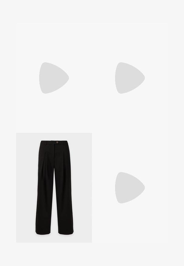 Beige gebreide top met korte mouwen, een ronde halslijn, zachte textuur en een losse pasvorm. De stof vertoont subtiele kleurvariaties.; Zwarte broek met hoge taille en brede pijpen, met plooien aan de voorkant, riemlussen en één bruine knoopsluiting aan de taille.; Benen met donkere geribbelde leggings gecombineerd met zwarte ballerina's met kleine strikdetails op een witte achtergrond.; Kleine zwarte glanzende handtas met twee lange hengsels en zijkant trekkoord details op een effen lichte achtergrond.