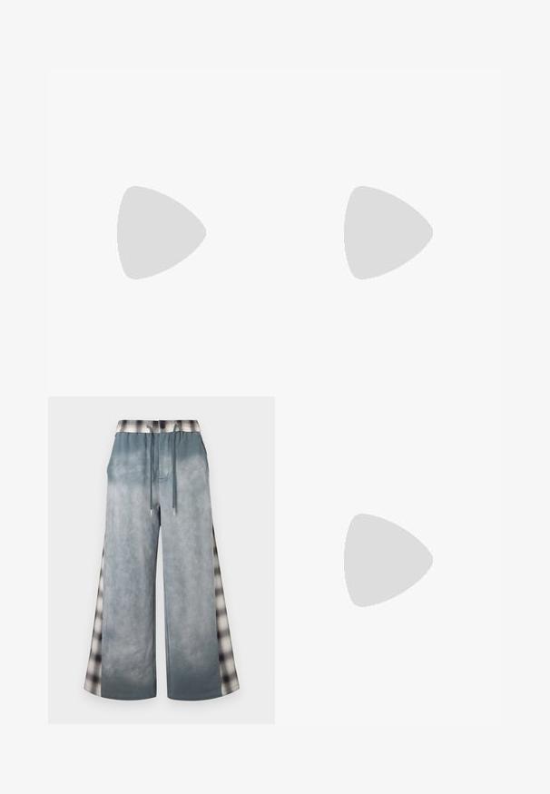 Ærmeløs T-shirt i gradient nuancer fra grøn til blå. Lavet af glat stof med rund halsudskæring og uden synlig hardware.; Grå bukser med vide ben, snøre i taljen og ternede sidepaneler, der kombinerer afslappede og stilfulde designelementer.; Hvid lavtop læder sneaker med beige gennemsigtig sål, snørelukning foran og minimal syning, vist fra siden mod en ensfarvet baggrund.; Solbriller med klart stel og rektangulære blåtonede linser, som ligger på en hvid overflade.