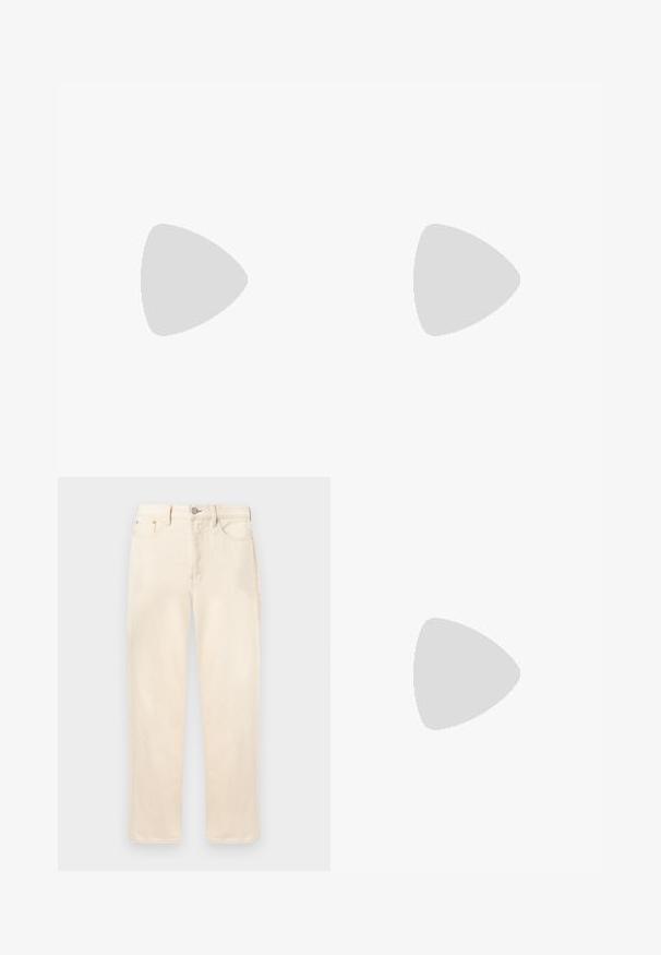 T-shirt bleu clair à manches courtes et col rond avec une petite étiquette de marque à l'intérieur du col, présenté sur un fond blanc uni.; Jean droit de couleur crème avec bouton et fermeture éclair à l'avant, poches avant et arrière, et passants pour ceinture, présenté sur un fond uni.; Baskets basses beiges en daim avec fermeture lacée et semelle épaisse en caoutchouc, vues de profil sur fond blanc uni.; Sac bandoulière en cuir marron foncé texturé avec une sangle réglable et un petit accent décoratif bleu sur le côté.