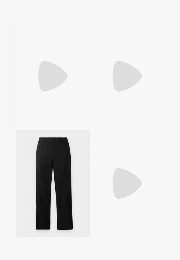 Camiseta de algodón blanca con cuello redondo y mangas cortas, que presenta un pequeño corazón rojo con un gráfico de una flecha en el lado izquierdo del pecho.; Pantalones negros de tela suave, con un diseño frontal plano, dos bolsillos delanteros y un corte de pierna recta con sutiles detalles de costura.; Zapato de vestir negro de cuero con cordones, suela gruesa y acanalada y tacón bajo mostrado sobre fondo blanco.; Maletín rectangular de cuero negro con textura, con doble asa, bolsillo frontal con cremallera y correa de hombro ajustable, mostrado sobre fondo blanco.