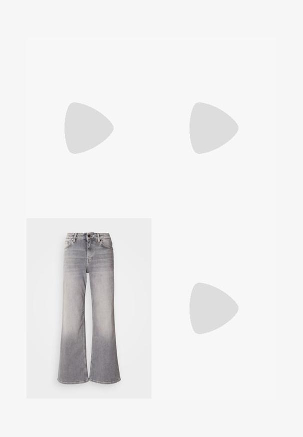 Sort ærmeløs top med V-hals, med lodrette striber i rød, hvid, blå, gul, grøn og brun; ribbet struktur.; Mos Mosh HERA - Flared jeans - grey; Melissa QUANTUM - Sneakers - black; Grøn håndtaske med snøre og to hanke, dekoreret med broderede blå og grønne abstrakte former, sat mod en ensfarvet hvid baggrund.