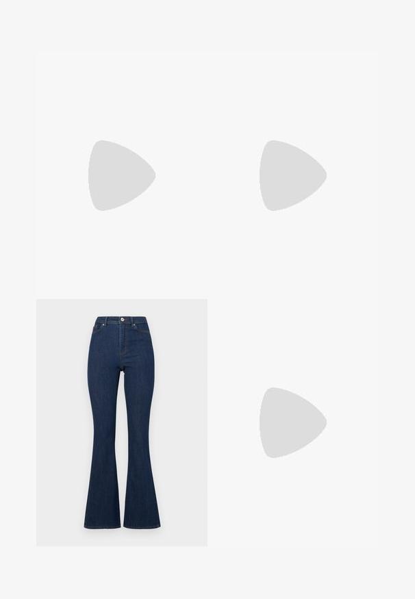 Mørkeblå bluse med lange ærmer i blødt stof, har en rund halsudskæring og flade sømme langs ærmerne, med en afslappet pasform.; Mørkeblå denim flared jeans med høj talje, der har lynlås og knap samt diskret syninger langs sømmene.; Brune kunstlæder stiletter med spidse tæer og krokodilletekstur, der har en slank, vinklet hæl og en glat inderside.; Mørkebrun læder skuldertaske med en blød, afslappet form og et snoet knudehåndtag på en ensartet hvid baggrund.