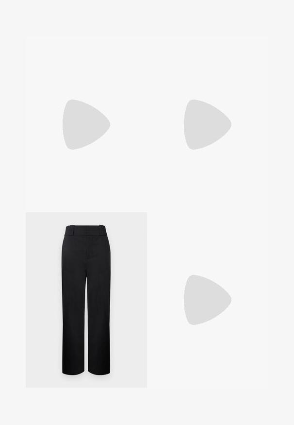 Zwarte lange mouwen body met een ronde halslijn, fitted ontwerp en een thong-stijl onderkant. Gemaakt van zachte, elastische stof voor comfort.; Zwarte, recht vallende broek met hoge taille, brede riemlussen en een verborgen sluiting aan de voorkant op een lichte achtergrond.; Zwarte lakleren hoge hak schoen met een spitse neus en een gebogen, schuine stiletto hak, zwevend boven een gladde, lichtgekleurde vloer.; Rechthoekige bruine handtas met schildpadmotief, zilveren kettinghengsel, kliksluiting en glanzende afwerking, getoond tegen een lichte, effen achtergrond.