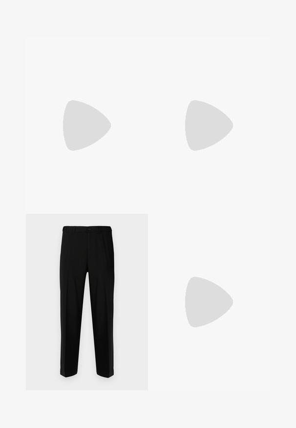 Olijf groene polo shirt van katoen, met een drieknops sluiting, korte mouwen en een klein logo op de borst.; Zwarte broek van gladde stof, met een rechte snit, twee voorzakken en een ritssluiting met knoopsluiting.; Zwarte leren herensloffen met moc toe stiksel, pennyriem, gestructureerde kraag en lage gestapelde hak op witte achtergrond.; Tommy Hilfiger Zonnebril - matte black red