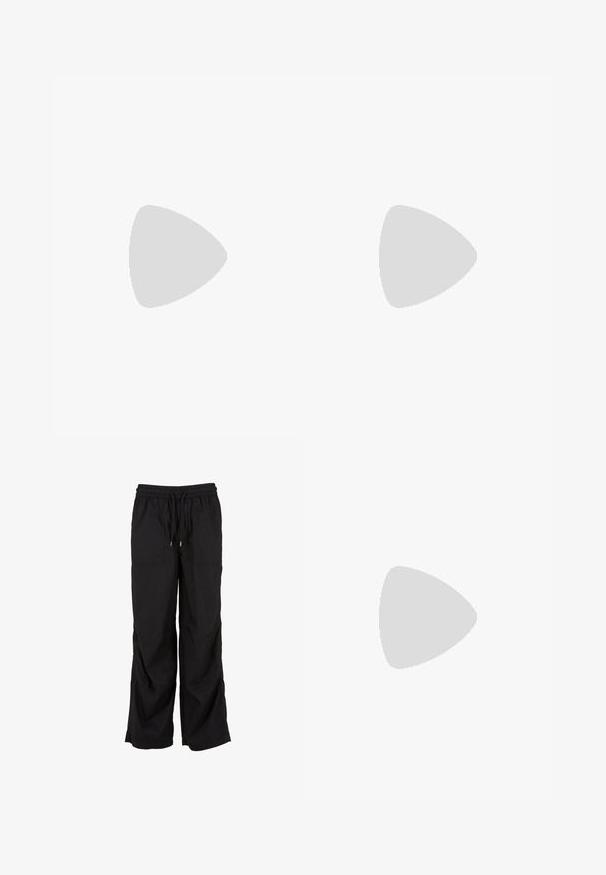 Top negro sin mangas hecho de una tela suave, con un escote redondeado y sisa, con un diseño liso y sin patrones ni acentos visibles.; Pantalones cargo negros de corte relajado, con cintura elástica con cordón, dos bolsillos frontales y una textura suave de algodón.; Zuecos negros moldeados con una textura suave, correa trasera para mayor estabilidad y suela acanalada para un buen agarre. Presenta un pequeño logo lateral.; Gafas de sol Ray-Ban con lentes verdes, montura de plástico negro y acentos dorados en los bordes. Forma cuadrada con acabado mate.