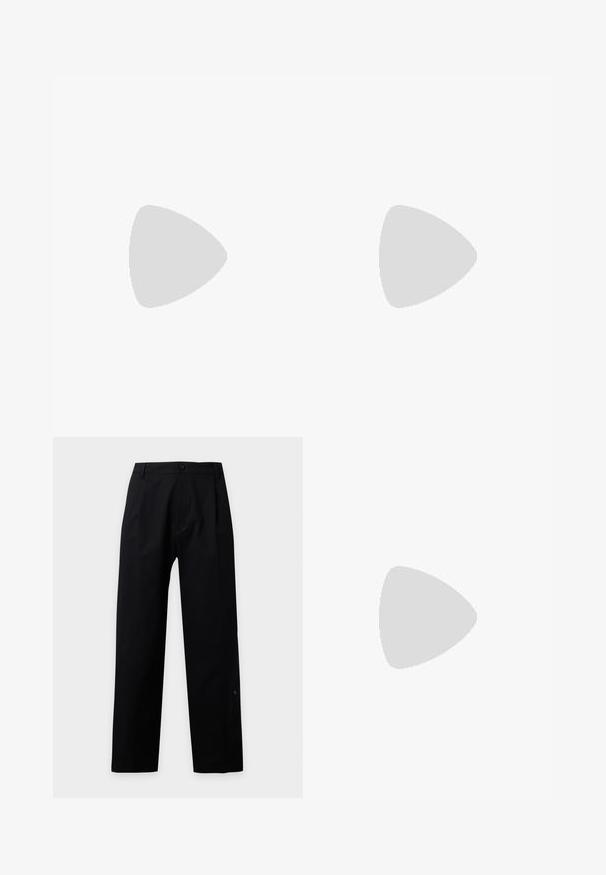 Polo manches courtes vert pastel clair avec deux boutons et un petit logo "BOSS" sur la poitrine gauche.; Pantalon noir à jambes droites avec fermeture par bouton et zip, passants pour ceinture et sans poches visibles, présenté sur un fond blanc uni.; Chaussure mocassin en cuir noir suspendue au-dessus d’un tapis beige avec du mobilier moderne couleur ambre en arrière-plan.; Ceinture en cuir noir enroulée avec une boucle noire mate rectangulaire et un logo embossé discret sur fond blanc.