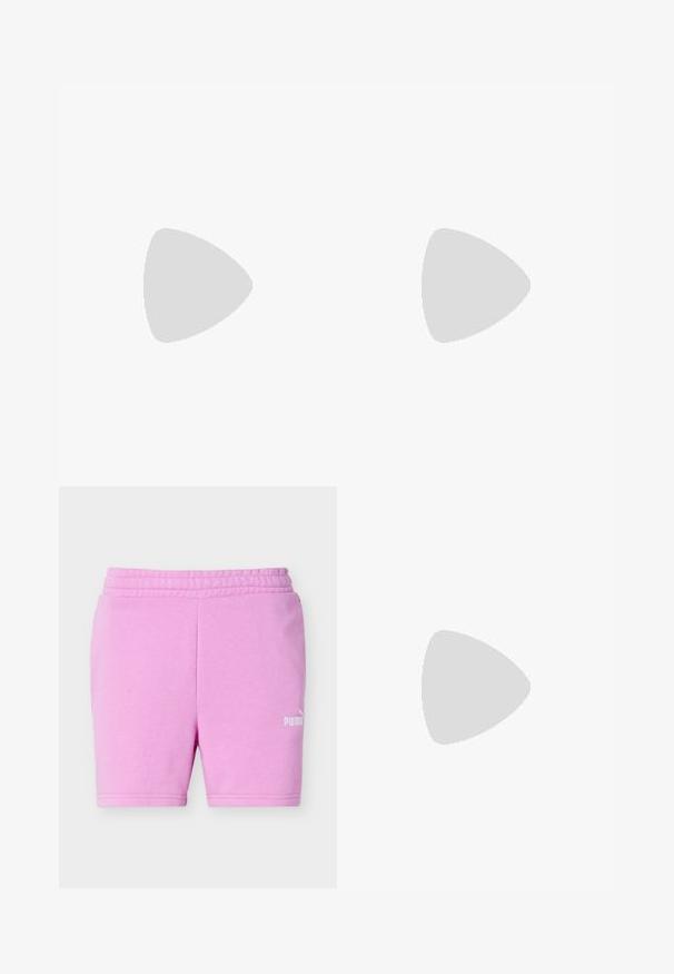 Beige cropped t-shirt van katoen, met korte mouwen, een ronde halslijn en een bordeauxrode logoafdruk op de linkerborst.; Lichtpaarse Puma short met elastische tailleband en wit Puma-logo op het onderste deel van het rechterbeen, afgebeeld tegen een effen achtergrond.; Grijze sportschoen van mesh en suede, met een crèmekleurige zool, grijze veters en een opvallend 'V'-logo aan de zijkant.; Armband in zilverkleur met heldere, ronde kristallen en een karabijnsluiting met een verstelbare ketting en een kleine merkbedel.