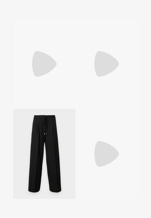 Top sin mangas de tejido beige claro, con cuello redondo y un corte relajado. Textura suave sin adornos ni patrones.; Pantalones negros de pierna ancha con cintura ajustable mediante cordón, con pliegues y textura suave. El diseño destaca la comodidad y un ajuste holgado.; Zapato cuña de charol negro con punta puntiaguda y talón descubierto, con un diseño elegante y curvado de estilo minimalista.; Bolso de hombro blanco de Calvin Klein con asas largas, forma rectangular, cierre de cremallera y charm decorativo con el logo colgando cerca del asa.