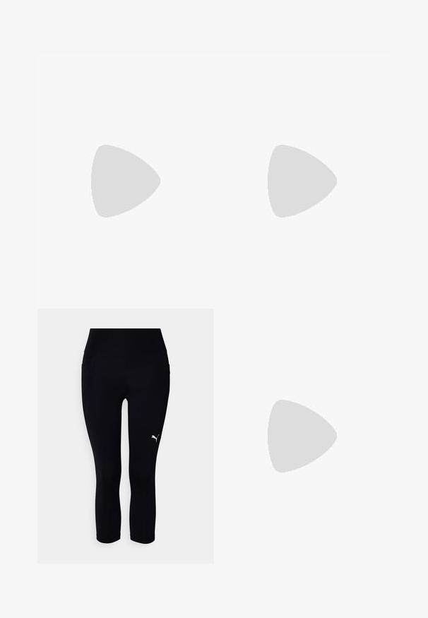 Débardeur de sport noir, sans manches, en tissu lisse, avec un col arrondi, arborant un petit logo Puma blanc sur la poitrine gauche.; Leggings capri noirs en tissu extensible, dotés d'une taille haute et d'un petit logo blanc sur le côté gauche. Texture lisse.; Chaussures de sport noires avec une tige en mesh, des accents roses, une semelle intermédiaire blanche et un logo distinctif. Caractérisées par un design léger et une semelle extérieure texturée.; Sac de sport rouge et noir à pois avec poche zippée à l'avant, poches latérales en mesh noir, double poignées et bandoulière réglable.