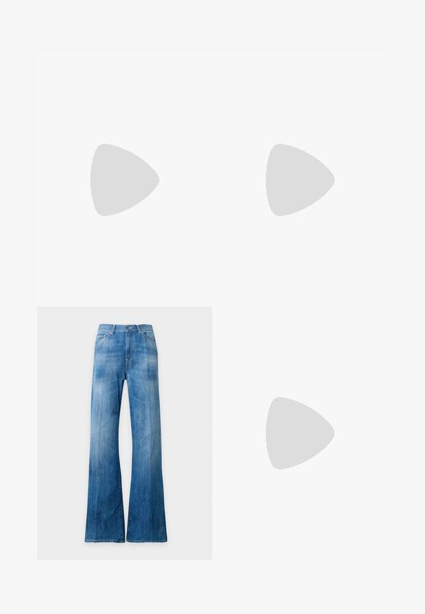 Hvid skjorte med knapper lavet af bomuld. Har en klassisk krave, lange ærmer og standard knappelukning med beige knapper. Glat tekstur.; Blå falmede cowboybukser med høj talje og vide ben, med forlommer, bæltestropper og knaplukning.; Sort læder slingback-sko med spids tå, der har en blank accent på tåhætten og en mellemhøj hæl. Åben sidesektion.; Rød læder crossbody taske med justerbar rem og guldfarvet spænde, placeret opret mod en ensfarvet hvid baggrund.