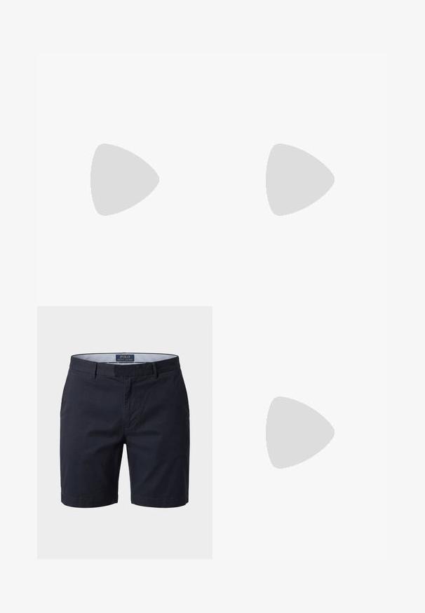 Beige short-sleeve polo shirt with collar, two buttons, and small embroidered Polo Ralph Lauren logo on the chest.; Navy blue Polo Ralph Lauren men's shorts with belt loops, front pockets, and a striped inner waistband lining.; Black low-top sneaker with white sole and stitched polo player logo on the side, featuring lace-up closure and textured fabric upper.; Black leather braided belt with a silver metal buckle, featuring a smooth texture and a loop for adjustments, showing a casual design.