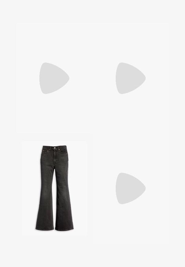 Un haut gris à manches longues en tissu léger avec une coupe décontractée, présentant un col rond et des accents à ourlet brut.; Jean en denim noir taille haute avec une jambe évasée, conception à cinq poches et accents en rivets cuivrés.; Botte de cowboy en cuir noir avec bout pointu, talon bloc incliné, couture décorative et languettes en haut sur fond blanc.; Sac à épaule en cuir marron avec une forme courbée, présentant un détail de boucle proéminent, des coutures contrastantes et une seule bandoulière.