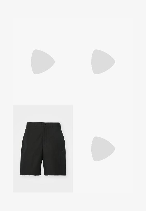 Camiseta Nike Tech de manga corta, con un cuerpo en azul marino oscuro y paneles laterales en teal claro, y un cuello alto. Logo impreso en la parte delantera.; Pantalones cortos negros de tejido ligero, con cierre de botón, trabillas para cinturón y un bolsillo lateral con un sutil detalle de logo.; Zapatilla deportiva en blanco y negro con detalles en verde, que presenta un diseño elegante, parte superior texturizada y una suela segmentada distintiva.; Gafas de sol sobredimensionadas y claras con lentes oscuros, que presentan un marco rectangular grueso y acentos texturizados en las patillas. Fabricadas de plástico transparente.