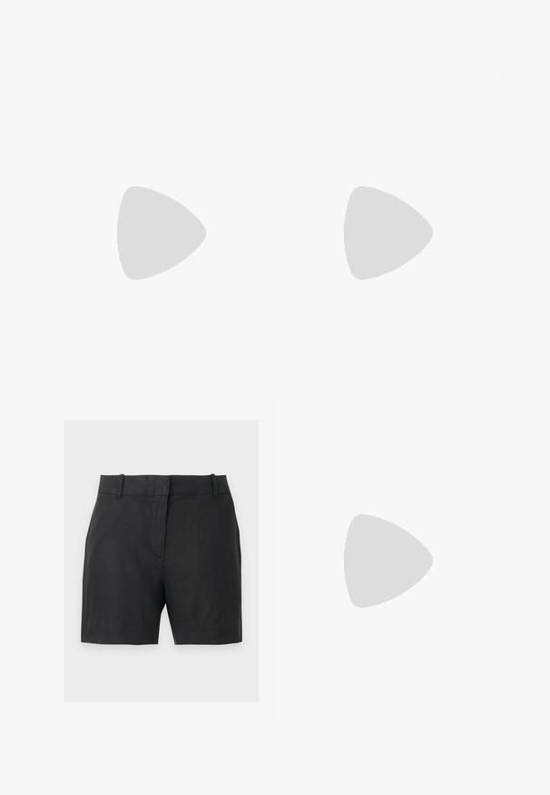 Haut court noir côtelé à manches courtes avec col en V, en tissu extensible, présenté à plat sur fond blanc.; Short noir taille haute, ajusté, avec passants de ceinture, fermeture éclair cachée à l'avant et un design épuré et minimaliste sur fond blanc.; Ballerine à bride arrière en cuir marron à bout pointu avec petit talon noir et boucle dorée sur fond blanc.; Sac à main rectangulaire en cuir noir avec une longue bandoulière unique et une finition brillante, présenté sur un fond blanc uni.