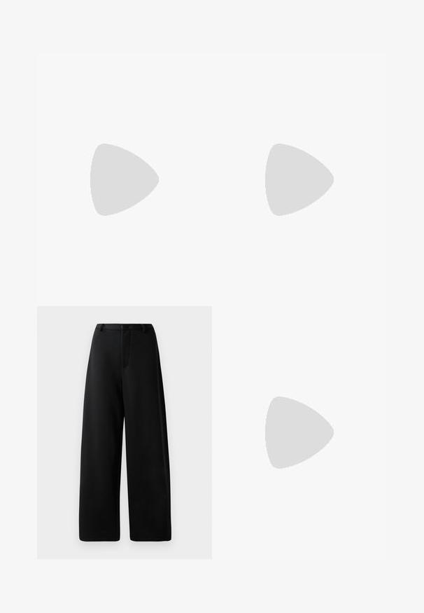 Sort t-shirt, oversized pasform, med en stor hjertegrafik og teksten "HGO" samt en smilende ansigt i blank finish på fronten.;  Sorte bredbenede bukser lavet af glat stof, med flad front, bæltestropper og lynlås; ingen synlige lommer eller hardware detaljer.; Sort læderpumpe med spids tå og lav hæl. Har en glat tekstur og subtil glans. Åben udskæring foran for ekstra detalje.; Sort patentlæder håndtaske med et buet topgreb, lynlåsslukning og prægede "cK" logo på fronten. Glat tekstur, struktureret form.