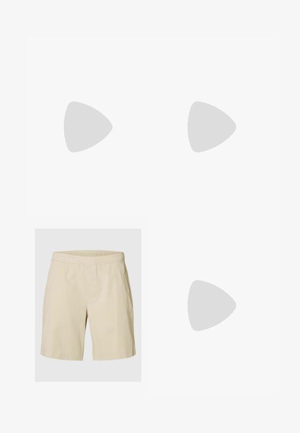 Sort kortærmet t-shirt lavet af bomuld med rund hals, med et diskret logo i midten og en afslappet pasform.; Beige knælange shorts med elastisk taljebånd og sidelommer, lavet af letvægtsstof, egnet til afslappet brug.; Lysegrøn gummiflip-flop med en tekstureret sål, der har et udskåret design og præget logo på siden, svævende over en blød overflade.; Rektangulær ur i rosaguld med hvid urskive, minimalistiske timeindikatorer og et sammenkædning af metalarmbånd. Har en krona på højre side.