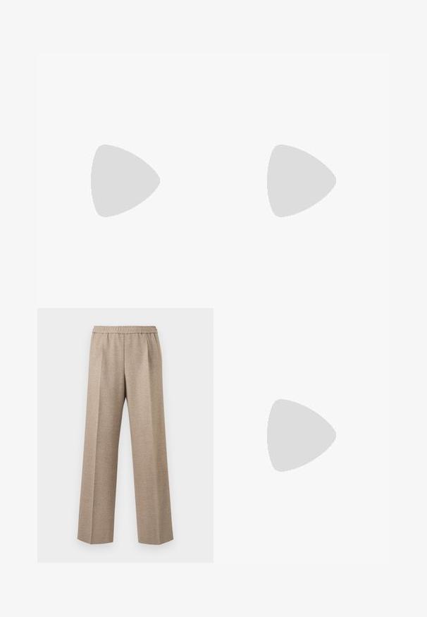 T-shirt en coton gris à manches courtes et col rond. Présente un logo "BOSS" discret dans une teinte plus foncée sur la poitrine.; Pantalon beige à jambe droite avec taille élastique et plis marqués sur le devant de chaque jambe.; Mocassins en cuir noir avec une texture lisse, un nez pointu et un petit talon rectangulaire. Présente un détail de bande horizontale sur le dessus.; Ceinture en cuir marron avec une texture à motif et une boucle en métal argenté brillante, de forme rectangulaire, avec un logo embossé.
