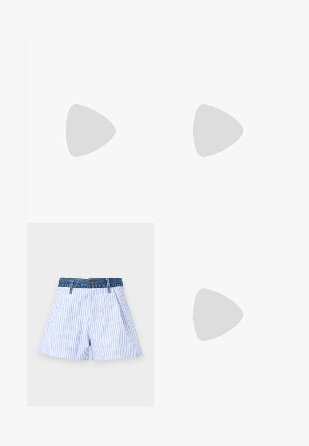 Brun ribbet tanktop med hvid kant og en lille sløjfe i midten. Har et tætsiddende design og en bølget kant.; Blå og hvide lodrette stribede shorts med denimtaljebånd og knaplukning, vist mod en ensfarvet baggrund.; Sorte patenterede lædersko med spids tå og en lille blokhæl, udstyret med en slank ankelrem og detalje i guldfarve.; Brun læderhåndtaske med frynser, gyldne øjer på aftagelig skulderrem og udskåret håndtag på ensfarvet baggrund.