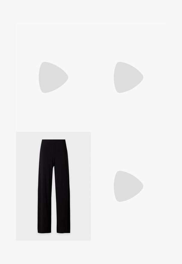 Top negro asimétrico hecho de tela texturizada; presenta un detalle de lazo en el hombro izquierdo y un diseño ajustado.; Pantalones negros de talle alto y pierna ancha, con un frente liso y sin bolsillos ni adornos visibles.; Sandalia negra de cuero para mujer con tiras finas, un lazo para el dedo del pie, hebilla en el tobillo y tacón de aguja de altura media sobre un fondo neutro.; Bolso pequeño de cuero negro con textura fruncida, asa rectangular y correa de hombro delgada y desmontable colocada al lado.