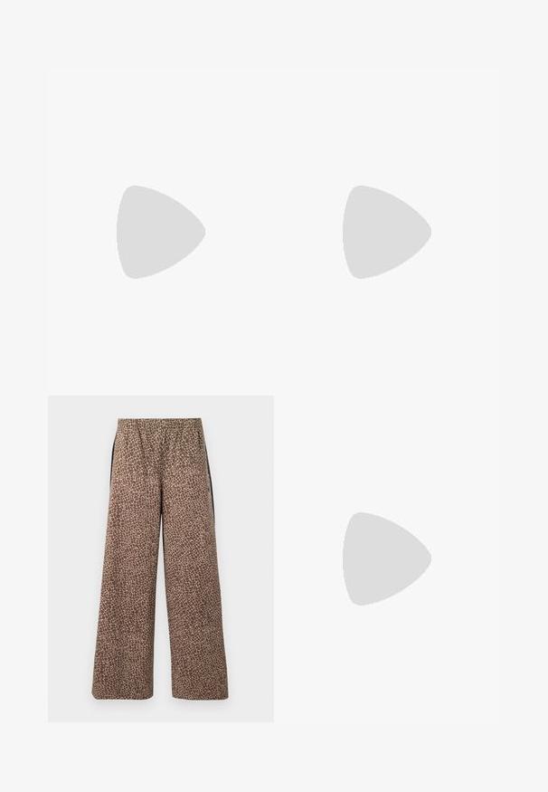 T-shirt en coton marron à manches courtes, col rond et logo Adidas blanc centré sur la poitrine, avec un design épuré et une coupe décontractée.; Pantalon large marron avec motif animalier beige, taille élastique et bandes latérales noires contrastantes. Texture de tissu douce.; Botte en cuir marron mi-mollet avec des bordures roses, une semelle épaisse translucide, des coutures jaunes et une sangle latérale avec une boucle en métal.; Grand sac à main en cuir marron avec une texture tissée et une seule bandoulière, présenté sur un fond clair uni.
