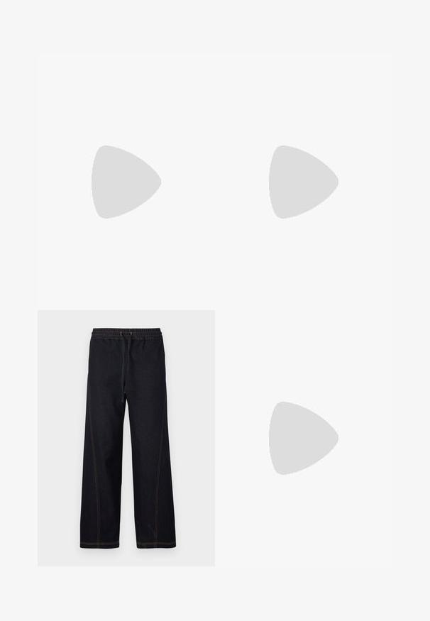 Noisy May NMBELLA HALTERNECK  - Top - black; Mørke denimbukser med vidde ben med elastik i taljen og snøre, kontrasterende orange syninger samt lige og rene linjer.; Sort læder slingback med kitten heel, spids tå og lille guldfarvet spænde på en ensfarvet baggrund.; Sort læderhåndtaske med guldbælge og nitdetaljer, korte håndtag og en justerbar skulderrem på en ensfarvet hvid baggrund.