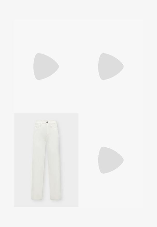 Zwarte off-shoulder top van een zachte stof. Heeft gedraaide details bij de halslijn en een strakke pasvorm.; Witte denim jeans met hoge taille en rechte pijpen, knoopsluiting en voorzakken, getoond tegen een effen achtergrond.; Zwarte leren slingback schoenen met een spitse neus, platte hak en enkelband; gedragen met lichtblauwe wijde jeans.; Zign by Zalando LEATHER - Shopper - chocolate brown