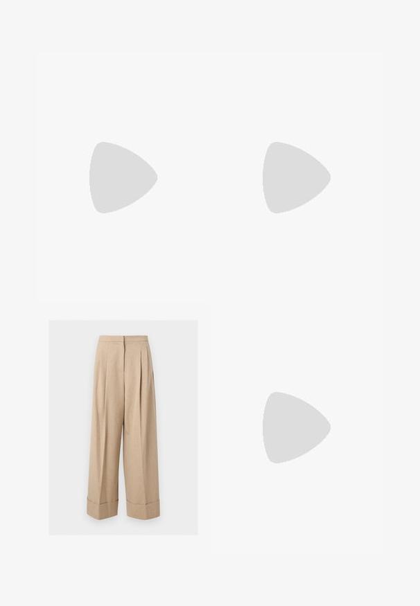 Pull à manches courtes couleur crème avec un col rond et une coupe ample, doté d'une petite étiquette noire avec le texte "BOSS" en orange au niveau du col.; Pantalon beige à jambes larges, taille haute, plis devant et larges revers à l'ourlet, présenté sur fond blanc.; Chaussure plate en cuir noir avec bout arrondi et petit détail de boucle dorée sur le côté, présentée sur un fond clair uni.; Lacoste LENGLEN BAG - Sac à main - viennois