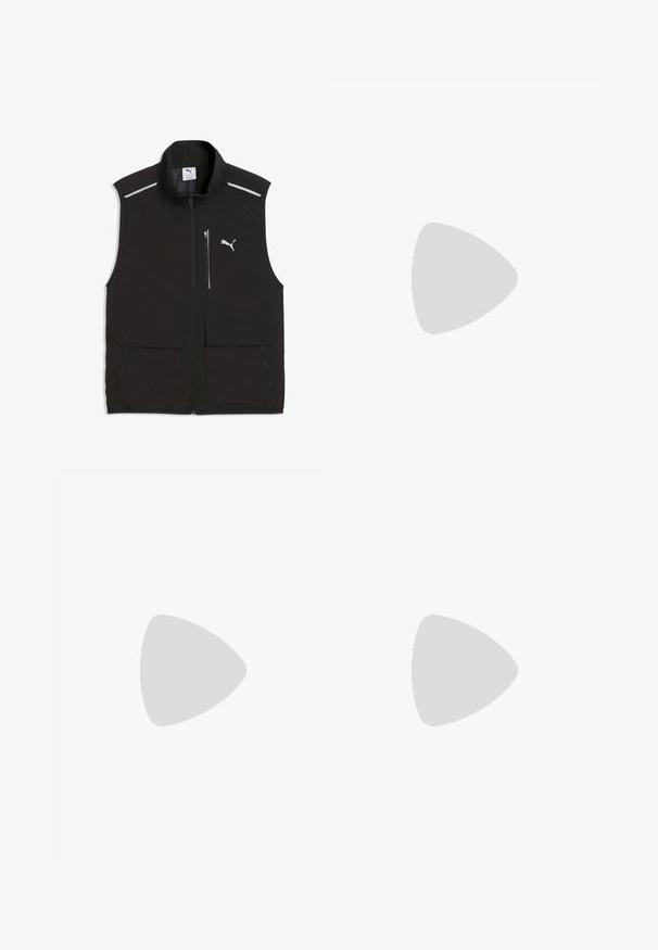 Chaleco negro sin mangas con cremallera frontal, bolsillo en el pecho con cremallera, dos grandes bolsillos con solapa, bandas reflectantes en los hombros y logotipo de Puma en el pecho.; Camiseta deportiva negra con rayas verticales, cuello redondo y detalles en amarillo. Presenta los logotipos de "PUMA" y "KING" en la parte delantera.; Pantalones de chándal de color beige claro, hechos de un tejido suave. Presentan un logo negro, bolsillos laterales con cremalleras y un corte relajado.; Zapatillas de ante negras con acentos blancos, que presentan un logo dorado. Combinadas con unos jeans de mezclilla azul claro y colocadas sobre una superficie texturizada azul.