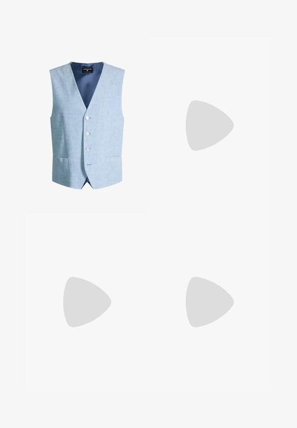 Lichtblauw linnen herenvest met drie witte knopen, voorzakken en een donkerblauwe voering, met het label Strellson.; Marineblauw poloshirt met korte mouwen gemaakt van zacht katoen, met een klassieke kraag en een rechte zoom. Minimalistisch ontwerp, zonder zichtbare patronen of versieringen.; Lichtblauwe spijkerbroek met een rechte snit, voorzien van vijf zakken, een ritsluiting en subtiele vervaging op de stof. Metaal knoopsluiting.; Zwarte leren instappers met een ronde neus, gedetailleerde stiksels en een lage, vierkante hak. Glad van textuur en minimalistisch ontwerp.