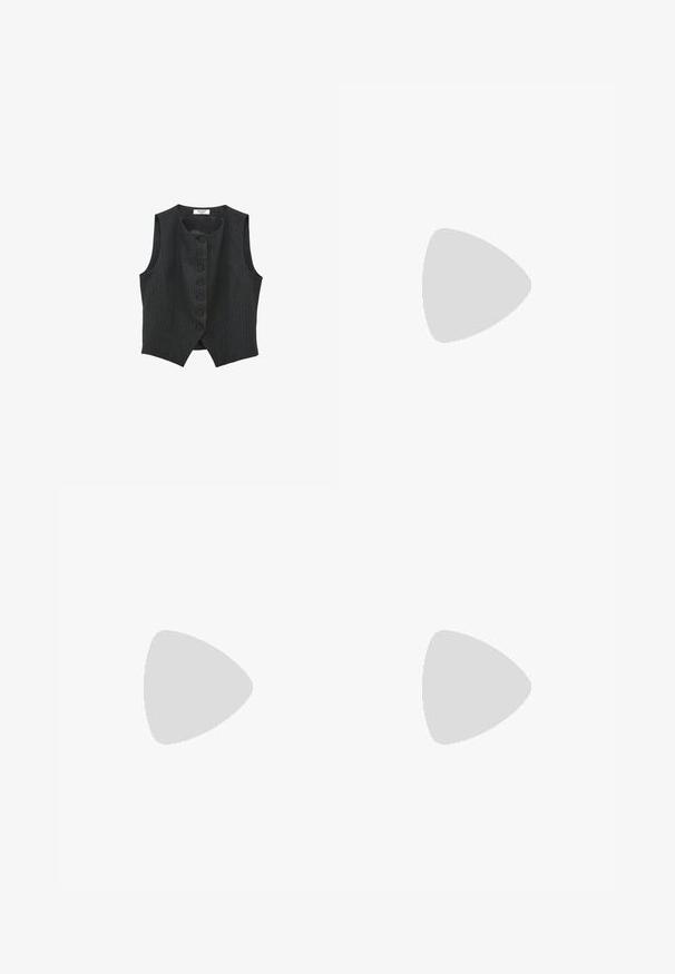 Mørkegrå stribet vest med rund halsudskæring, ærmeløs design og lukning foran med jævnt fordelte knapper.; Sort kortærmet skjorte med rund halsudskæring og knaplukning foran, mærket "Weekday", vist mod en ensartet hvid baggrund.; Sorte træningsbukser med hvide sidelister, elastisk talje og et logo-patch. Fremstillet af glat, letvægtsstof. Lige ben design.; Vinrøde og lyserøde ruskinds-sneakers med tre lyserøde striber, tekstureret overflade og en sål af gummigummi. Har detaljeret syning som accenter.