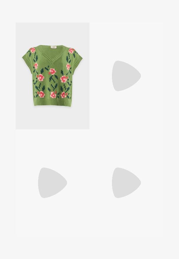 Grøn strikket ærmeløs sweatervest med V-hals og pink blomsterprint med grønne blade foran.; Langærmet skjorte med knapper, med lodrette olivengrønne og hvide striber, brystlomme og spids krave på ensfarvet baggrund.; Sorte wide-leg jeans lavet af denim, med høj talje, forlommer og knaplukning. Stoffet har en glat tekstur.; Sort læderballetsko med rund tå, glat tekstur, minimal syning og et fleksibelt såldesign.