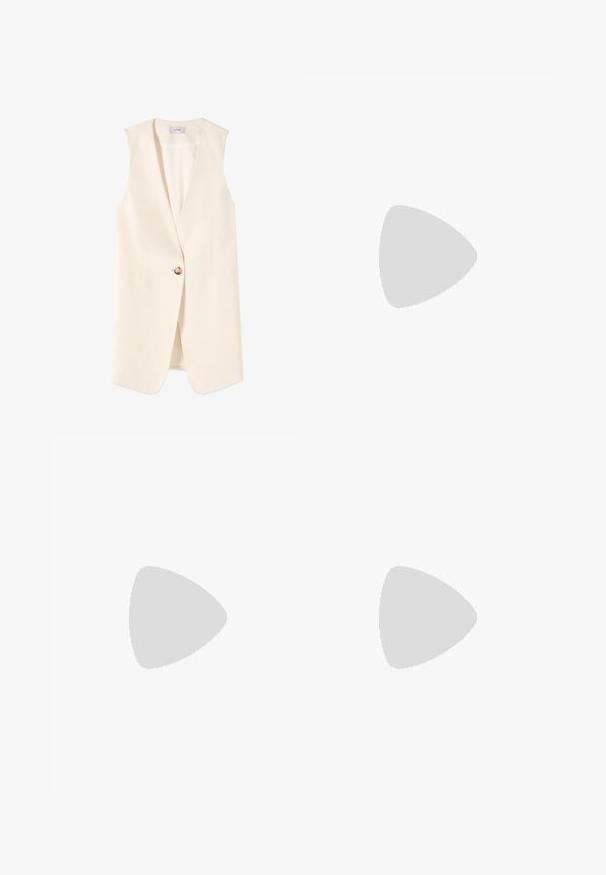 Ærmeløs creme beige blazer vest med en enkelt brun knap og V-hals krave, vist på en hvid baggrund.; Seasalt Cornwall Langærmet T-shirt - white salt; Hvide, vide jeans med knaplukning og fem lommer, fremstillet af denim med en glat tekstur, der har et klassisk design.; Sort ruskinds sneaker med hvide tre striber, guldlogo og en brun gummisål. Har et lavprofil snørebåndsdesign.