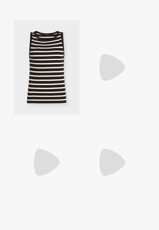 Haut en maille sans manches noir et blanc à rayures horizontales avec un col rond sur un fond uni.; Chemise blanche à manches longues avec deux poches poitrine à rabat et boutons-pression métalliques, présentée sur un fond uni.; Jeans en denim noir avec une coupe droite, présentant des détails subtils d'usure et une disposition classique à cinq poches. Fermeture à bouton standard et passants de ceinture.; Chaussure plate en cuir noir pour femme, avec bout pointu et petit talon, vue de côté sur un fond gris clair uni.