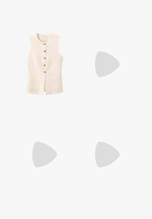 Gilet beige sans manches avec cinq boutons sur le devant et deux poches basses à l'avant, doté d'un col rond et d'un ourlet droit.; Débardeur côtelé de couleur crème, sans manches, avec un col rond et une petite étiquette de marque à l'intérieur du col au dos.; Pantalon beige à jambes larges avec passants de ceinture, devant plat et détails subtils de couture, présenté sur fond blanc.; Sandale mule marron avec tige en cuir tressé, bout ouvert et talon bloc sur fond blanc.