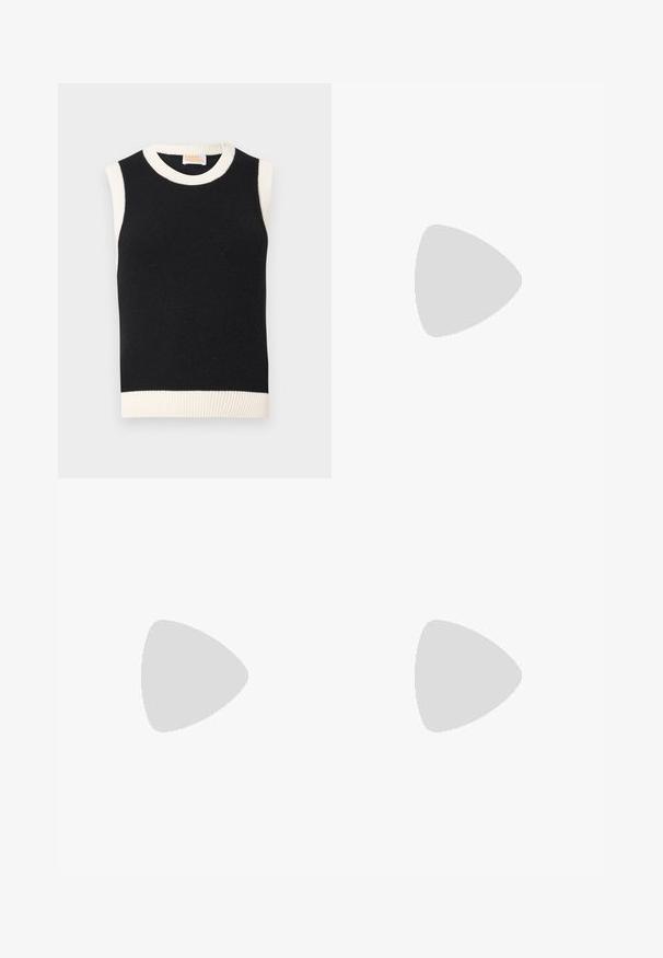 Top en tricot sans manches noir avec un col côtelé blanc, des bords de manches et un ourlet, étiqueté "From Future".; Chemise bleu clair à manches longues boutonnée avec col pointu et liens latéraux, présentée à plat sur fond blanc.; Jupe en satin bleu clair, longueur cheville, légèrement évasée avec une taille haute, présentée sur un fond blanc uni.; Chaussure plate en cuir noir avec bout arrondi et petit détail de boucle dorée sur le côté, présentée sur un fond clair uni.