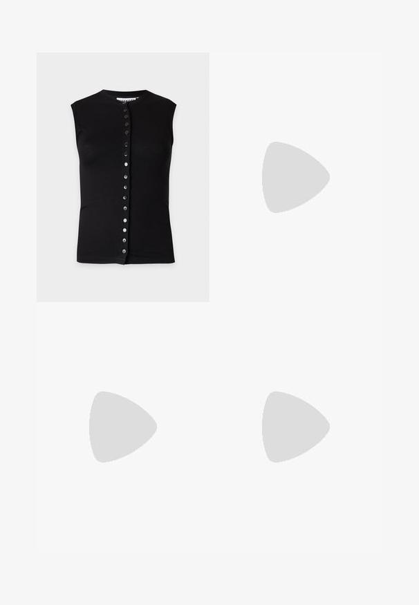 Sleeveless black top with a round neckline and a vertical row of buttons down the front on a plain light background.; Cut-out maxi dress in dark gray fabric featuring a strapless design with multiple horizontal cut-outs and side slits. Smooth texture.; Black leather slingback stiletto with pointed toe, side buckle strap, studs along edge, and decorative lacing on front.; Black leather handbag with a rectangular shape, featuring a single structured handle, silver hardware, and zip closure. Smooth texture.