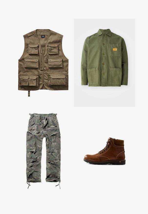 Chaki Utility-Weste aus strapazierfähigem Stoff, mit mehreren Fronttaschen mit Klappen, Reißverschluss und verstellbarem Nackenriemen.; Olivgrüne Jacke aus schwerem Baumwollmaterial, mit spitzem Kragen, Knöpfen auf der Vorderseite und zwei großen aufgesetzten Taschen. Mit einem kleinen Logo-Patch versehen.; Tarnfarbene Cargo-Hose in Grün und Grau, ausgestattet mit mehreren Taschen, elastischem Bund, verstellbaren Knöchelbündchen und einer lockeren Passform.; Brauner Leder-Stiefelette mit gepolstertem Kragen, Schnürverschluss und robustem schwarzem Profilsohle, entworfen für Outdoor-Abenteuer.
