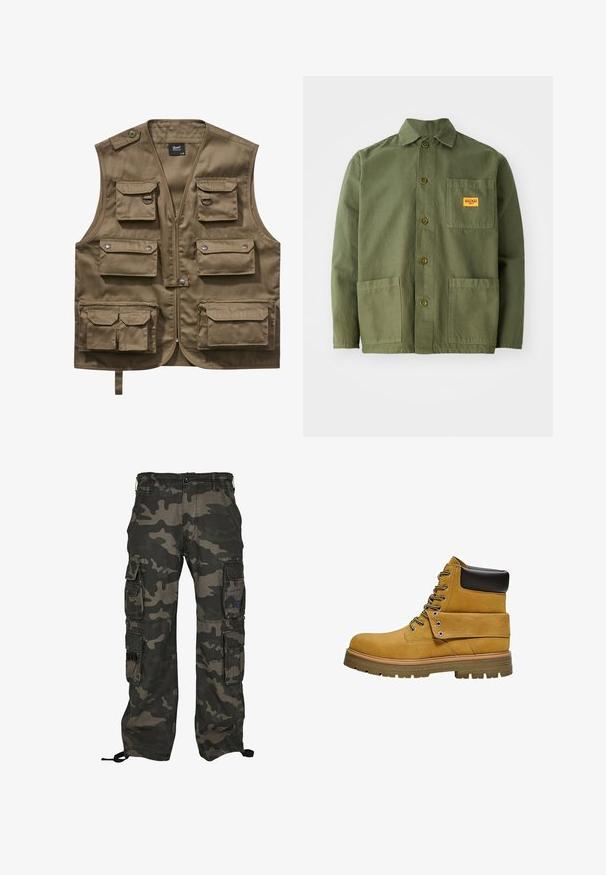 Chaki Utility-Weste aus strapazierfähigem Stoff, mit mehreren Fronttaschen mit Klappen, Reißverschluss und verstellbarem Nackenriemen.; Olivgrüne Jacke aus schwerem Baumwollmaterial, mit spitzem Kragen, Knöpfen auf der Vorderseite und zwei großen aufgesetzten Taschen. Mit einem kleinen Logo-Patch versehen.; Tarnfarbene Cargo-Hosen in Dunkelgrün und Grau, ausgestattet mit mehreren Seitentaschen, einem Knopfverschluss und verstellbaren Knöchel-Zugbändern.; Hellbrauner Arbeitsstiefel mit schwarzem gepolstertem Schaft, Schnürung vorne, umgeschlagener Lasche mit Metalleinlässen und dicker Gummiprofilsohle.