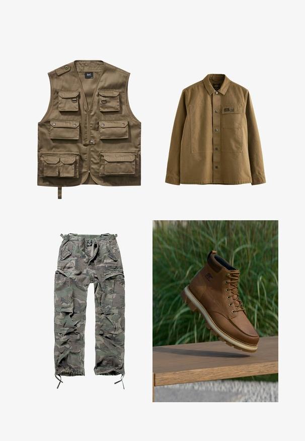 Khaki utilitaarvest, mis on valmistatud vastupidavast kangast, millel on mitu esipoolset taskut klappidega, lukuga sulgemine ja reguleeritav kaelarihm.; Pruun kanvasjakk, millel on kraega kaelus, ees nupulukk, kaks rinnataskut ja tekstureeritud kangas. Sõjaväe inspireeritud disain.; Roheline ja hall kamoflaažiga cargo pükste komplekt, millel on mitu taskut, elastne vöökoht, reguleeritavad pahkluue sääred ja mugav lõige.; Pruun nahast Soreli matkasaarte paksu tallaga, hõljumas üle puidupinna, taustal roheline muru.