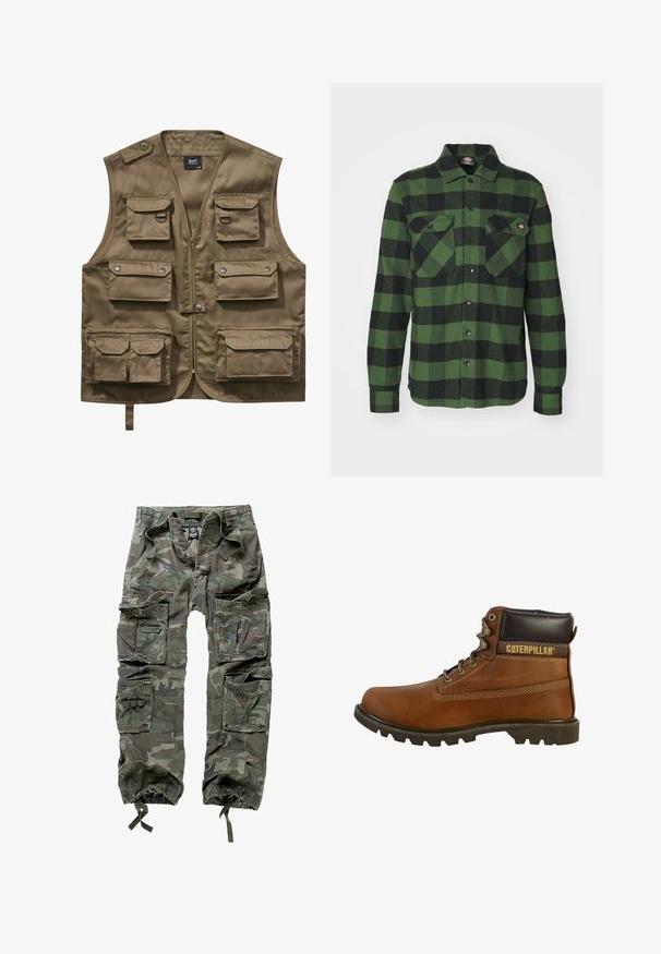 Chaleco utilitario color caqui hecho de un tejido duradero, con múltiples bolsillos frontales con solapas, cierre con cremallera y correa de cuello ajustable.; Camisa de franela a cuadros verde y negra con dos bolsillos en el pecho, cierre de botones, mangas largas y cuello puntiagudo. Textura suave.; Pantalones cargo de camuflaje, confeccionados en algodón, con múltiples bolsillos, puños elásticos y un corte holgado con cintura ajustable mediante cordón.; Bota de trabajo marrón de cuero con tobillo alto, suela resistente, ojales metálicos y un acolchado de color marrón oscuro en el collar. Cuenta con la marca "Caterpillar".